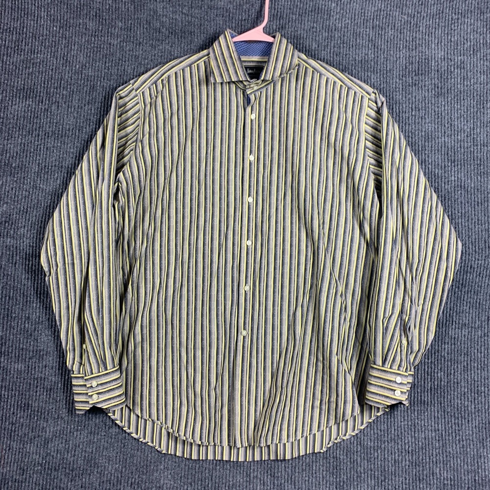 Neiman Marcus Shirt Mens Extra Large XL Yellow Striped AOP Abstract Dress Formal